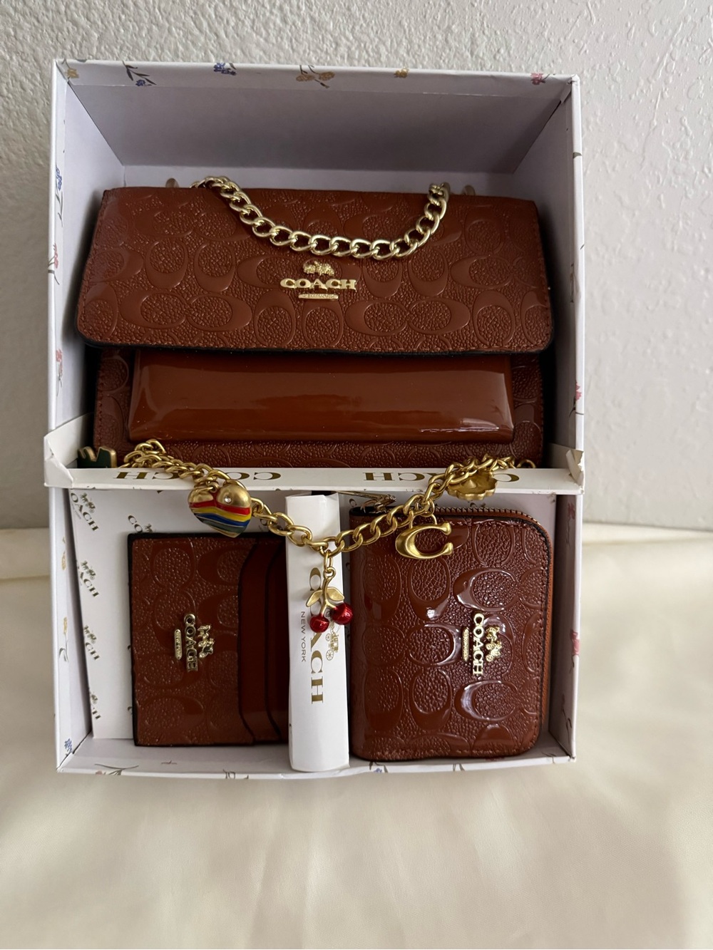 Coach Brown Signature Embossed Wallet & Card Holder Set with Gold Chain NEW